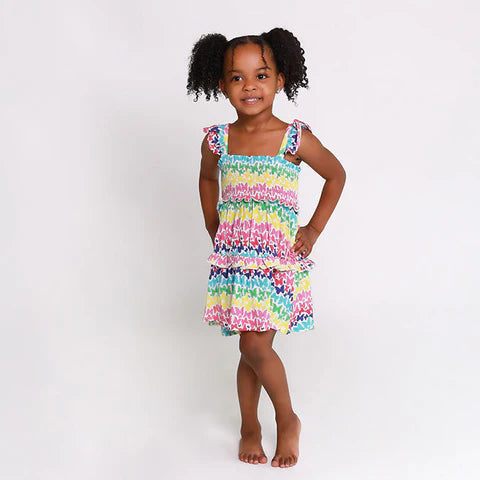 Rainbow Butterfly Smocked Flutter Sleeve Babydoll Dress