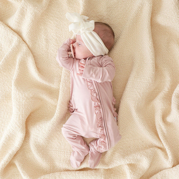 Footie Ruffled Zippered One Piece- Delaney Blush