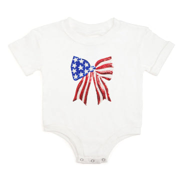 Patriotic Sequin Bow Patch Short Sleeve Romper-White