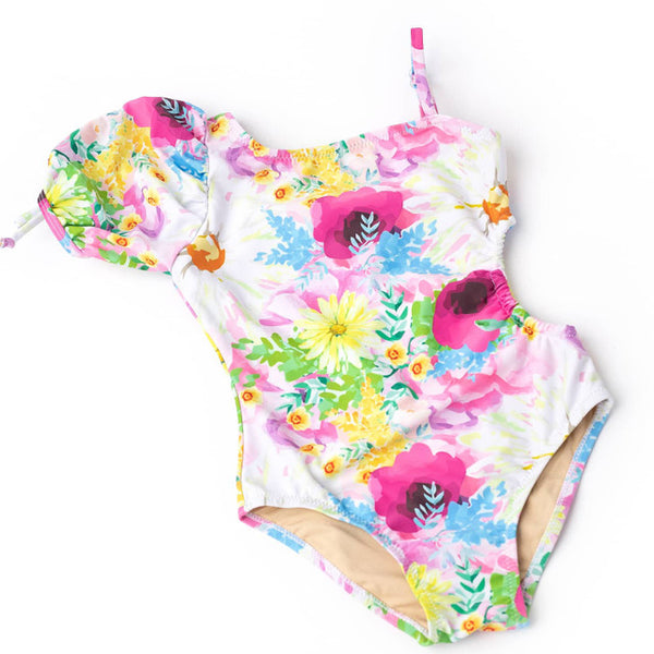 Watercolor Floral Girls Puff Sleeve Cut Out One Piece Swimsuit