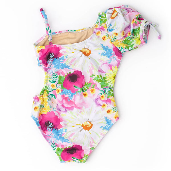 Watercolor Floral Girls Puff Sleeve Cut Out One Piece Swimsuit