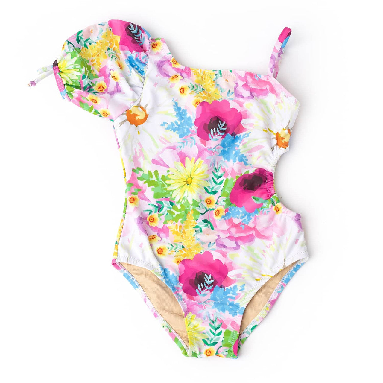 Watercolor Floral Girls Puff Sleeve Cut Out One Piece Swimsuit