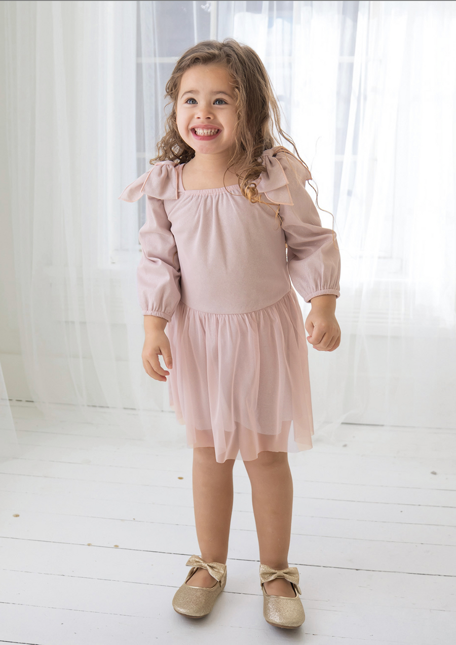 Phoebe Bow Soft Tulle & Sparkling LS Knit Dress