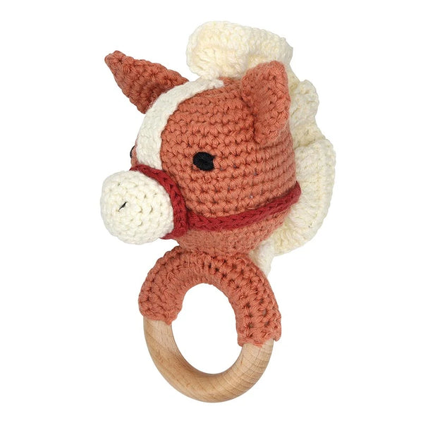 Knit Plush Rattle + Wood Ring - Horse
