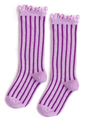 Vertical Striped Lace Top Knee High Socks - Wisteria