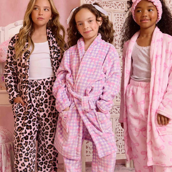 OMG Fleece Gingham Bow Printed Cozy Bathrobe