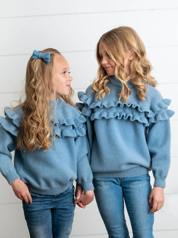 Dusty Blue Double Ruffle Crew Neck Sweater