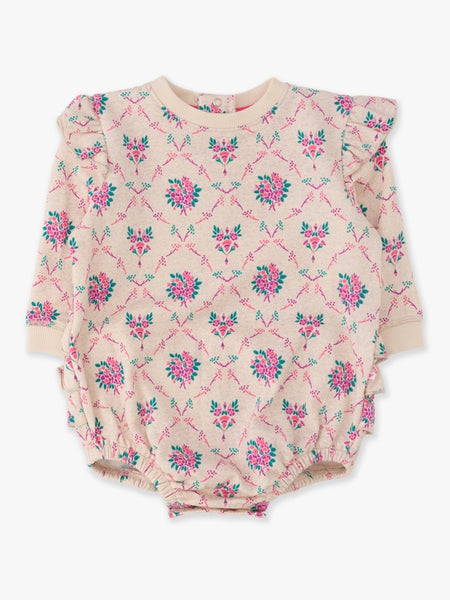 Heather Oatmeal Bouquets Sweatshirt Bubble Romper with Signature Rear Ruffles