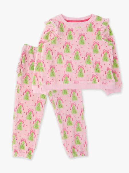 Pink Christmas Tree Party Velour Flutter Sweatshirt Jogger Set with  Ruffles