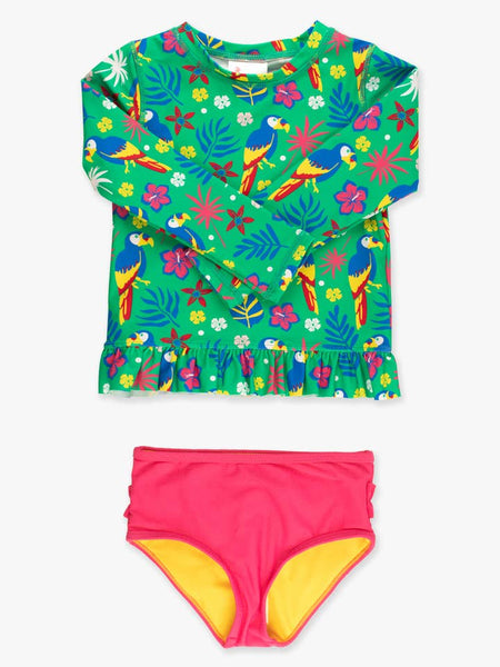 Parrot Palms LS Rash Guard 2-Piece Swimsuit with Signature Rear Ruffles