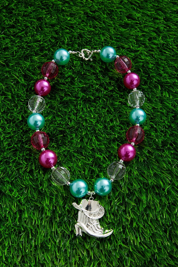 Magenta, Aqua & Clear Bubble Necklace with Boot & Hat Pendant