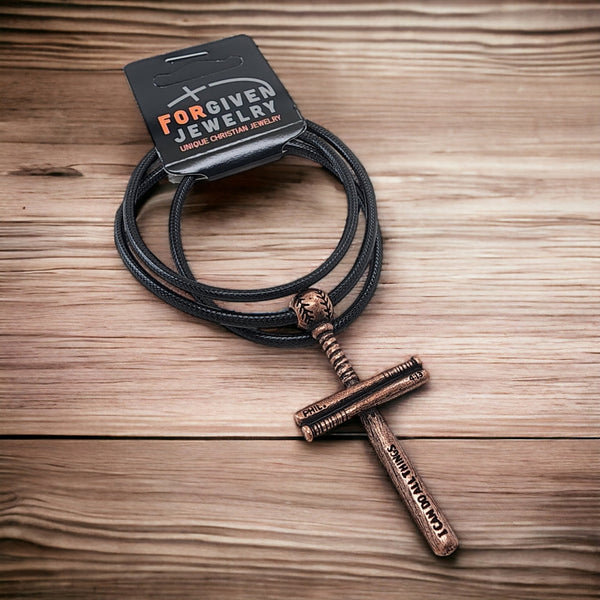 Baseball Bat & Ball Cross Necklace Antique Copper Finish