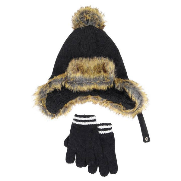 Toddler Hat & Glove Set - Faux Fur-Trimmed Trapper Hat