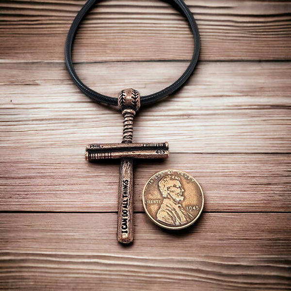 Baseball Bat & Ball Cross Necklace Antique Copper Finish