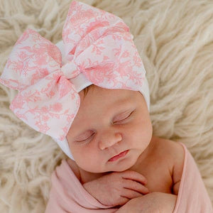 Pink Toile Floral Bow White Hospital Hat