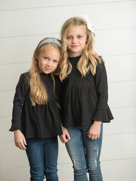 Black Long Sleeve Lettuce Trim Ribbed Top