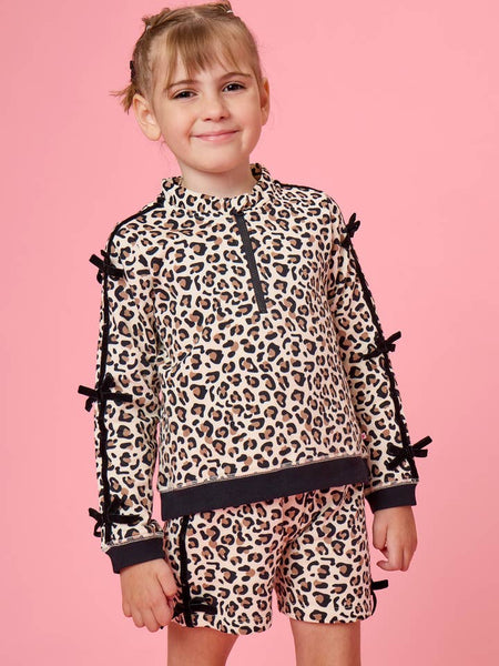 Leopard Fleece Bow Quarter Zip & Shorts Set