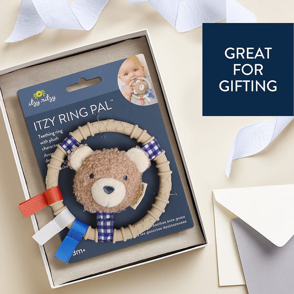 Itzy Ring Pal™ - Teething Ring with Plush Character - Taupe Bear