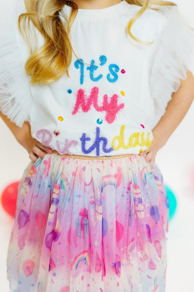 "It's My Birthday" Tulle Sleeve Top