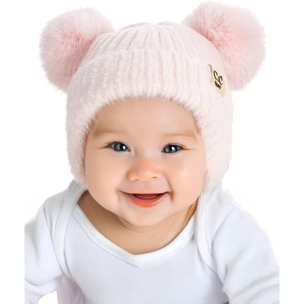 Infant Double Pom Chenille Earflap Beanie - Light Pink