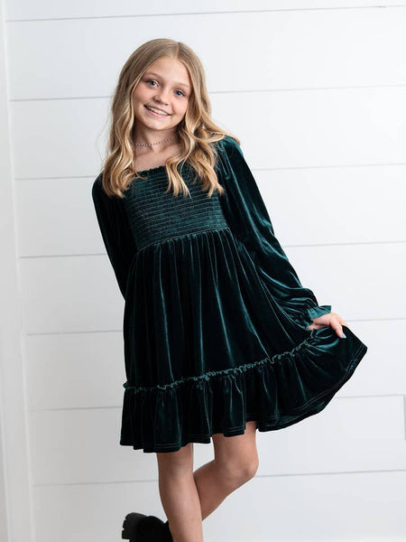 Dark Green Smocked Velvet Dress