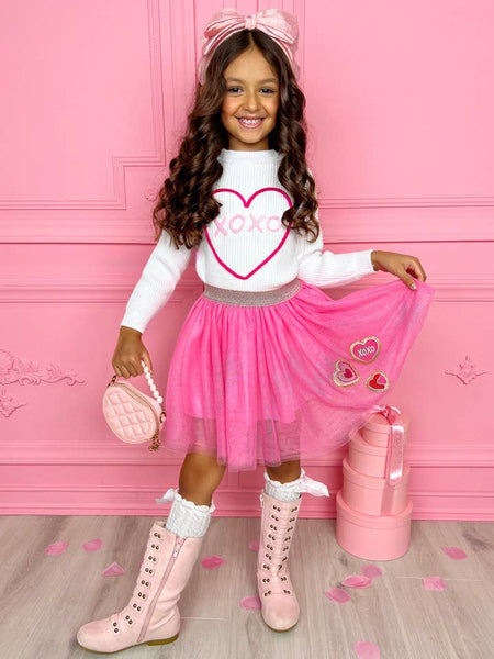 Xoxo Embroidered Sweater and Heart Patch Tutu Skirt Se
