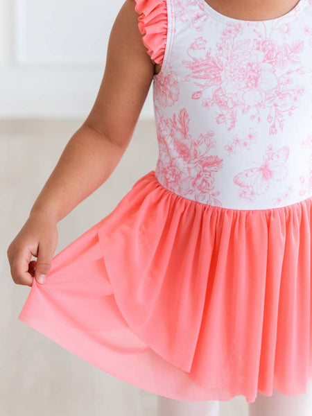 Bubblegum Pink Butterfly Garden Toile Flutter Sleeve Leotard