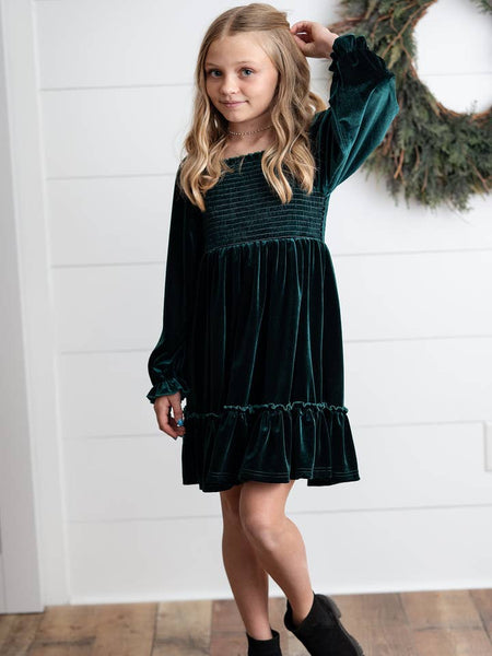 Dark Green Smocked Velvet Dress