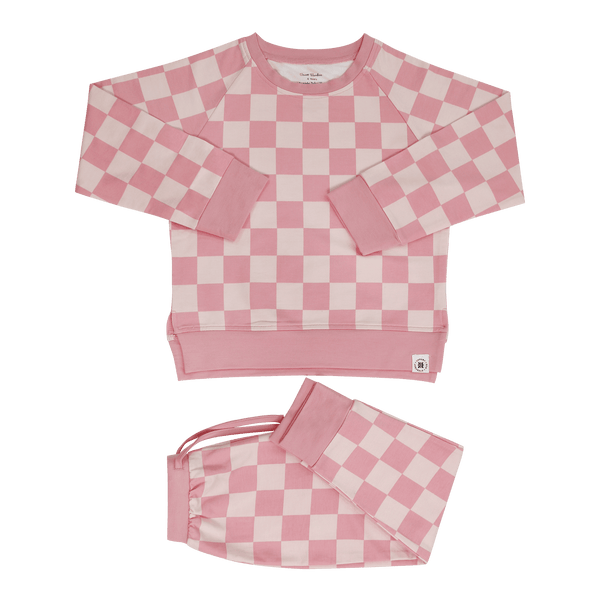 Checker Baby Pink Crew Neck Jogger Set