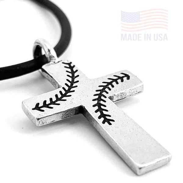 Baseball Stitch Cross Necklace On Black Rubber