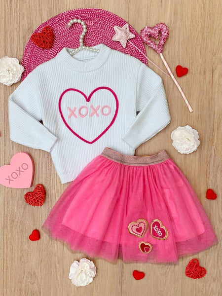 Xoxo Embroidered Sweater and Heart Patch Tutu Skirt Se