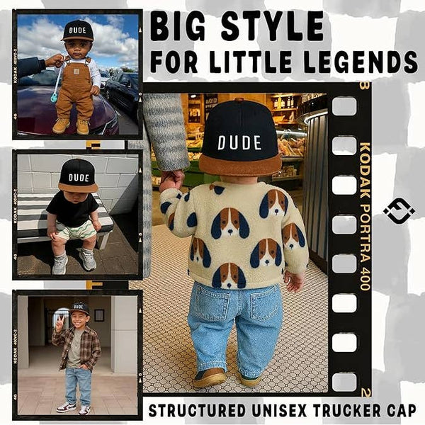 Flat Brim Trucker Hat - Dude - Black/Faux Leather