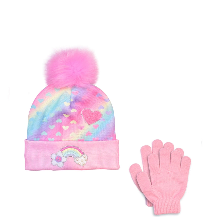 OMG Heart-Printed Ombre Hat & Gloves Set