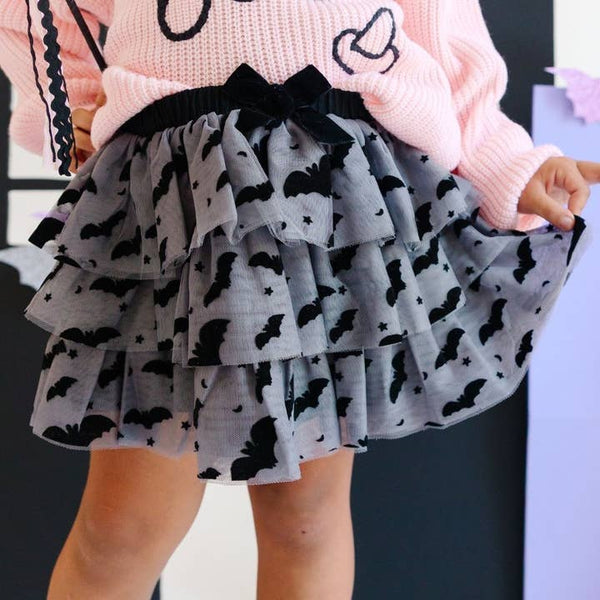 Flocked Bats Halloween Bow Tiered Tutu - Kids Clothing