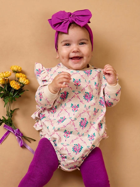 Heather Oatmeal Bouquets Sweatshirt Bubble Romper with Signature Rear Ruffles