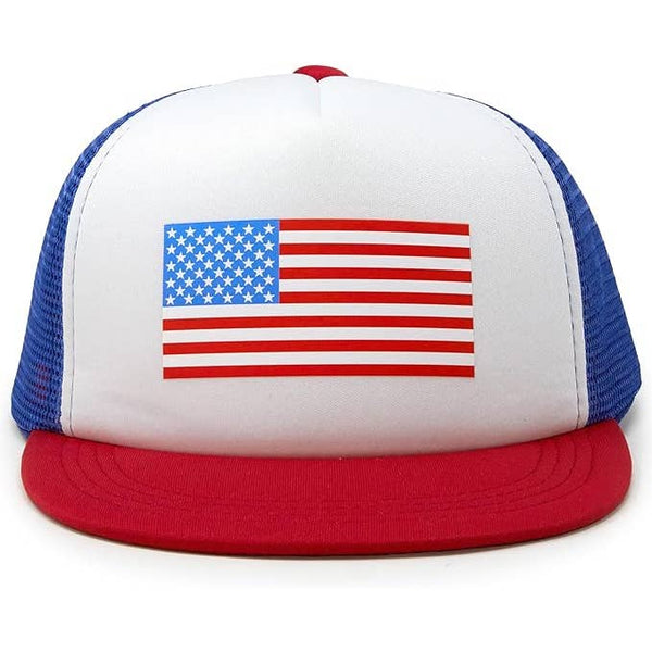 Flat Brim Trucker Hat - American Flag - Red/White/Blue