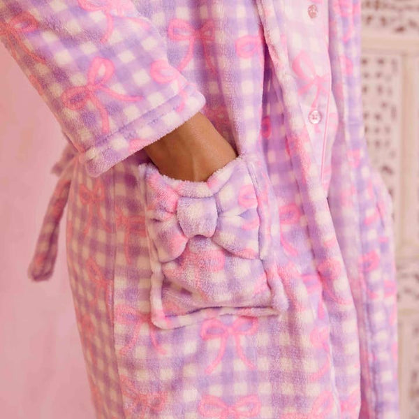 OMG Fleece Gingham Bow Printed Cozy Bathrobe