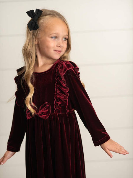 Burgundy Wine Velvet Bow Ruffle Dress