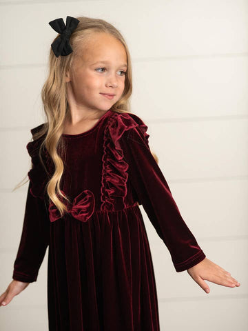 Burgundy Wine Velvet Bow Ruffle Dress