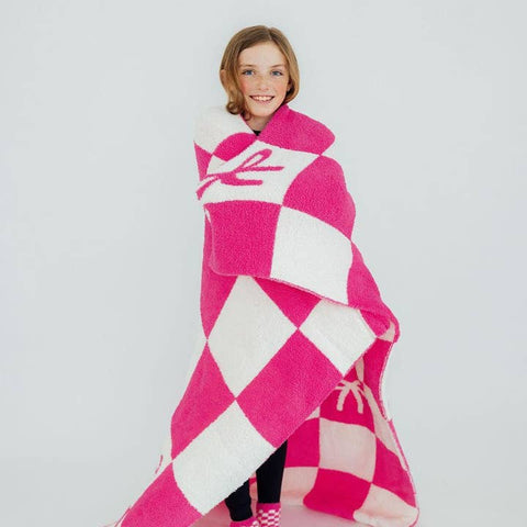 Bright Pink Checker Bow Cozy Blanket