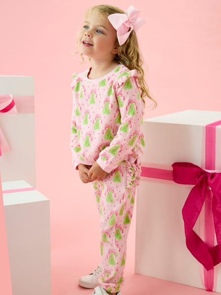 Pink Christmas Tree Party Velour Flutter Sweatshirt Jogger Set with  Ruffles