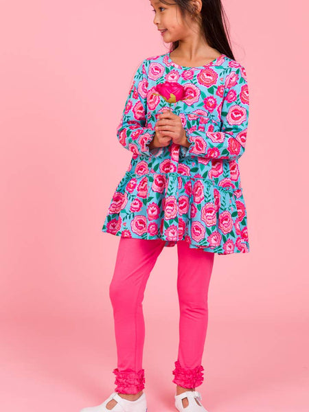 Bright Blossoms Knit Ruffle Tiered Tunic & Hot Pink Ruffle Leggings