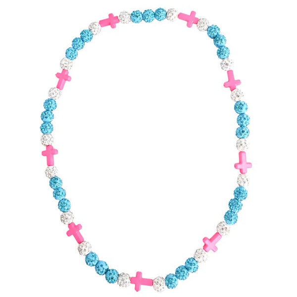 Teal White and Hot Pink Cross Bling Necklace