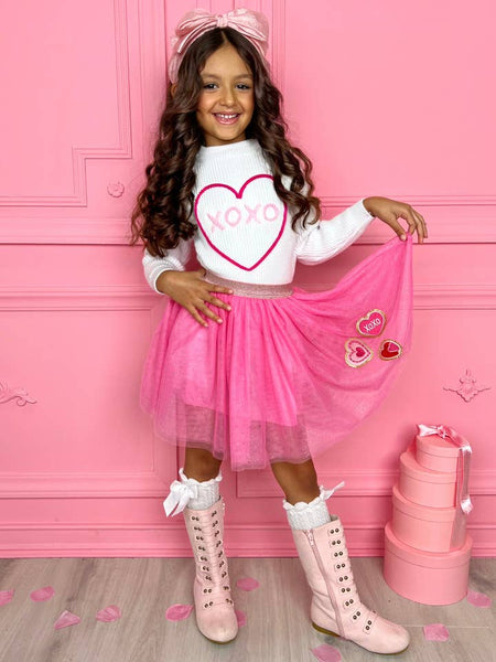 Xoxo Embroidered Sweater and Heart Patch Tutu Skirt Se