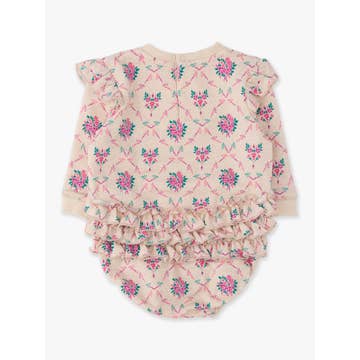 Heather Oatmeal Bouquets Sweatshirt Bubble Romper with Signature Rear Ruffles