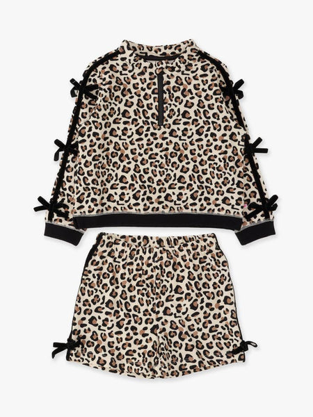 Leopard Fleece Bow Quarter Zip & Shorts Set