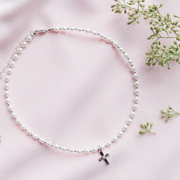 Kaitlin - Sterling Silver Cross Necklace with Pearls