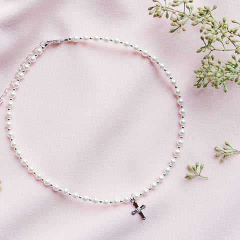 Kaitlin - Sterling Silver Cross Necklace with Pearls