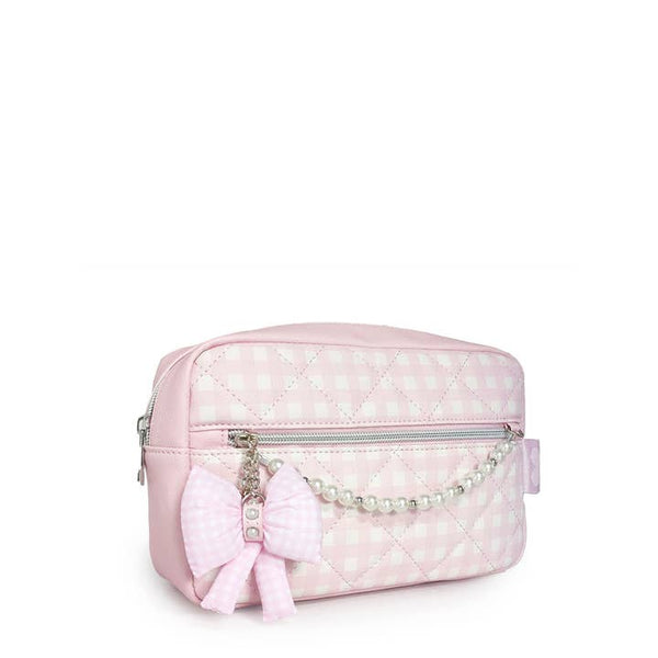 Quilted Gingham Printed Pouch with Pearl Chain