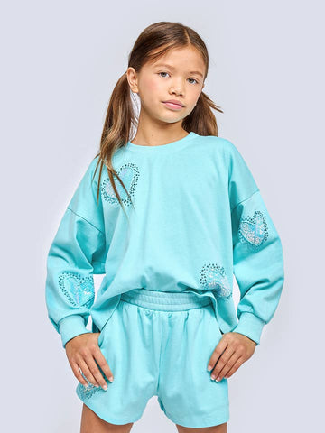 Rhinestone Sweatshirt w/Sequin Heart Cutouts